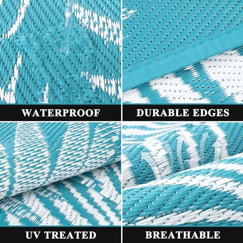 Pauwer Waterproof Outdoor Rug 8x10, Plastic Straw Patio Rug, Leaf Teal - Image 3