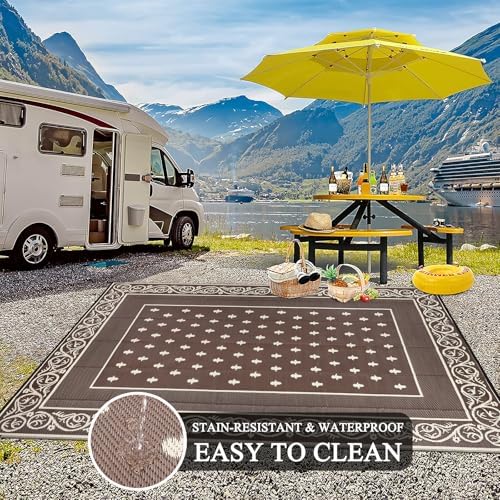 Pauwer Waterproof Outdoor Rug 10x14, Plastic Patio Rug, Bordered Brown - Image 5