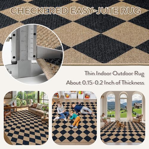 Lahome Checkered Easy Jute 9x12 Patio Rug, Nature Black Rug - Image 4