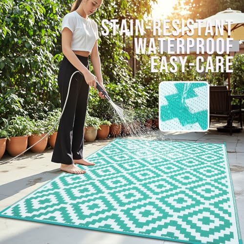 OLANLY Outdoor Rug 9x18 ft Waterproof Reversible Mat, Turquoise & White - Image 3