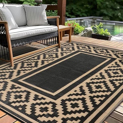 Kalafun Outdoor Patio Plastic Straw Rug, 5x8 ft, Stripe Black Brown by Kalafun