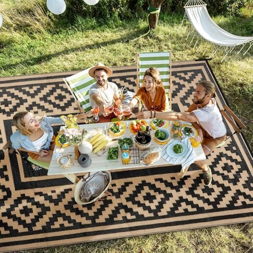 Kalafun Outdoor Patio Plastic Straw Rug, 5x8 ft, Stripe Black Brown - Image 3