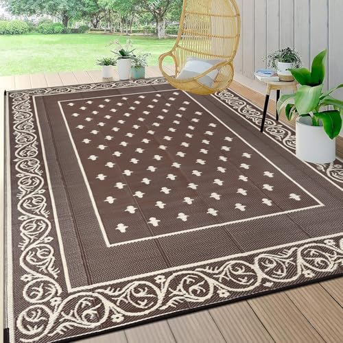 Pauwer Waterproof Outdoor Rug 10x14, Plastic Patio Rug, Bordered Brown by Pauwer