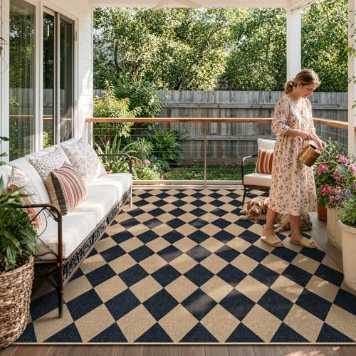 Lahome Checkered Easy Jute Outdoor Patio Rug, 8x10 Living Room Rug Washable by Lahome