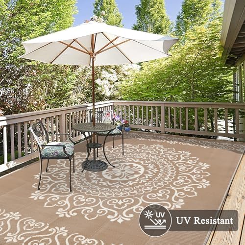 Pauwer Outdoor Rug 9x12, Waterproof Plastic Straw Camping Rug, Floral Brown - Image 3