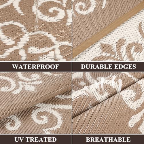 Pauwer Outdoor Rug 9x12, Waterproof Plastic Straw Camping Rug, Floral Brown - Image 2