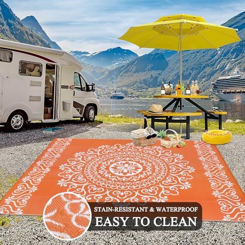 Pauwer Outdoor Rug 8x10, Waterproof Plastic Camping Rug, Floral Orange - Image 5