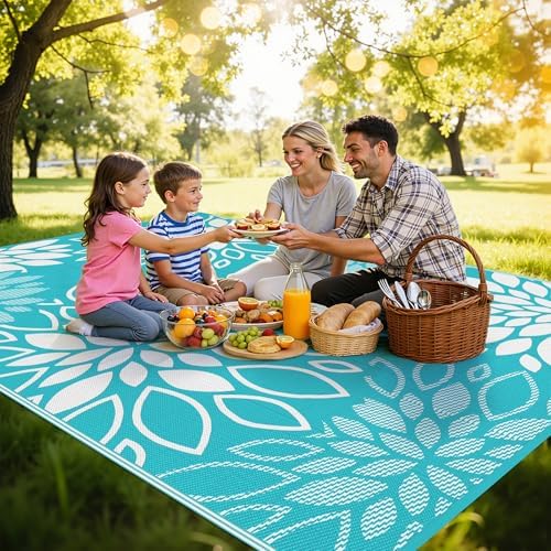 HEBE Waterproof Outdoor Rug 8'x10', Floral Reversible Plastic Patio Rug - Image 3