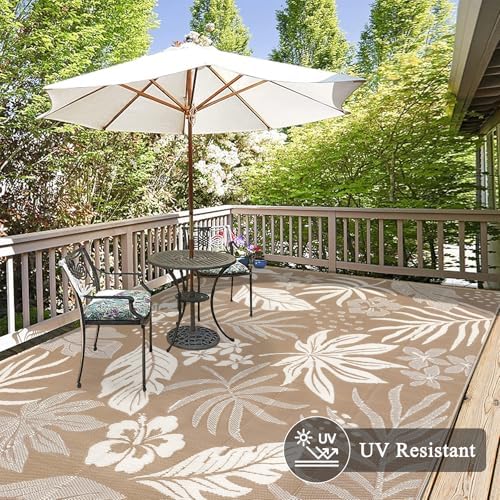 Pauwer Waterproof Outdoor Rug 9x12, Plastic Straw Patio Rug, Floral Brown - Image 4