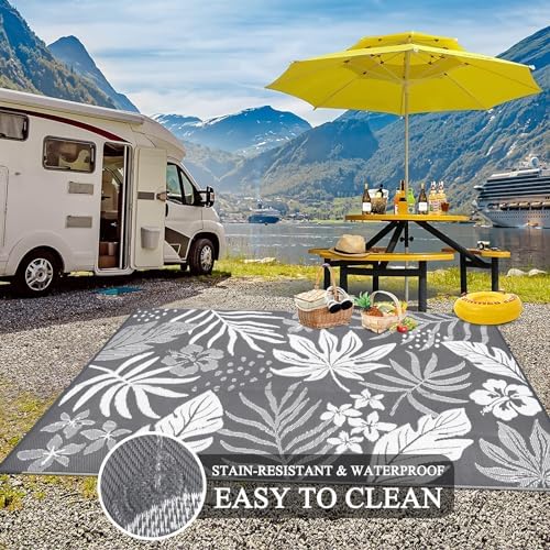 Pauwer Waterproof Outdoor Rug 6x9, Plastic Straw Patio Rug, Floral Grey - Image 5
