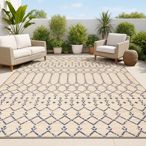 JONATHAN Y Moroccan Geometric Indoor Outdoor Area Rug 9X12 Beige/Navy, Ourika by JONATHANY