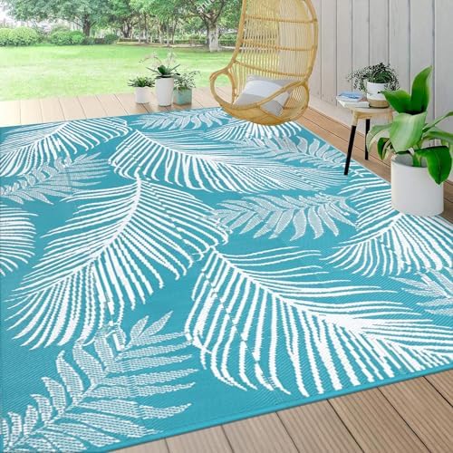Pauwer Waterproof Outdoor Rug 8x10, Plastic Straw Patio Rug, Leaf Teal by Pauwer